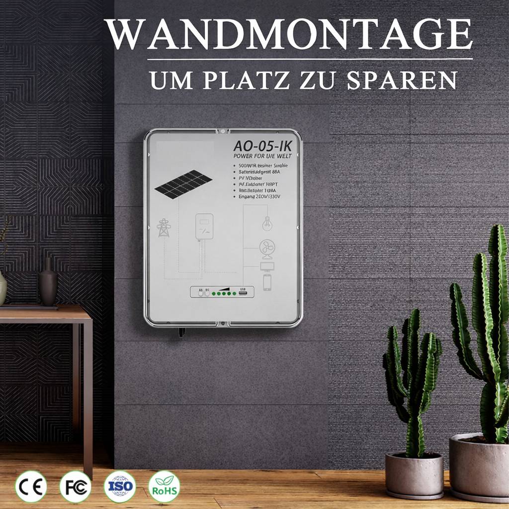 Ein illustriertes elektrisches Gerät mit der Aufschrift „WANDMONTAGE UM PLATZ ZU SPAREN