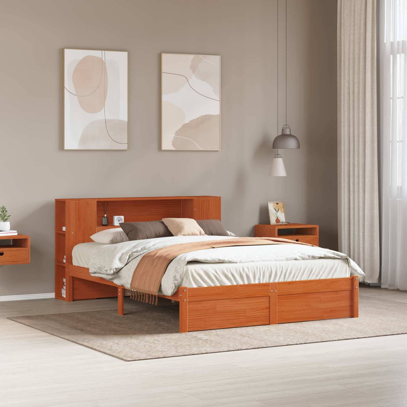vidaXL Bettgestell mit Aufbewahrungskopfteil Wachsbraun 140 x 190 cm