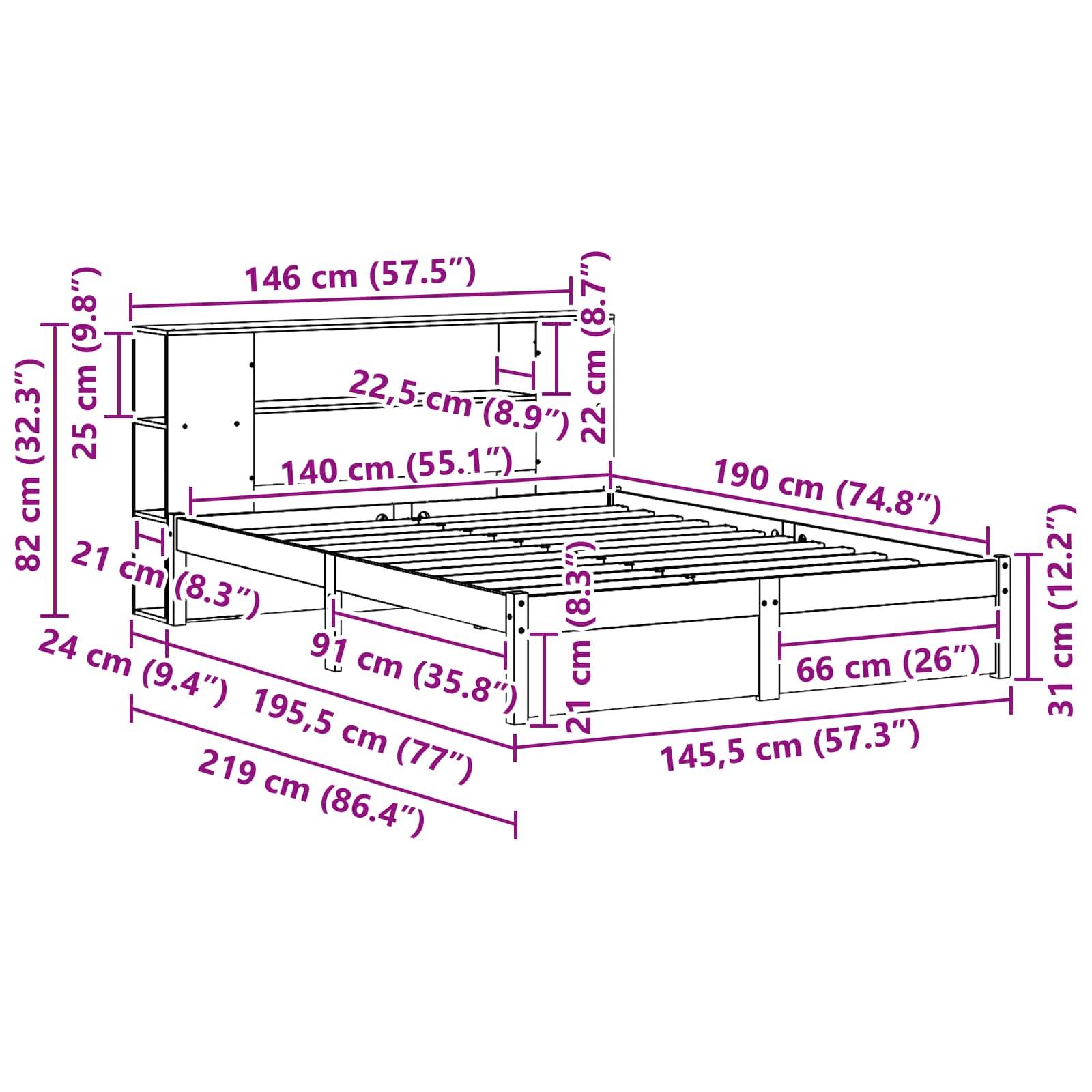 Abmessungen eines Bettes mit Stauraum: Kopfteil 82 cm hoch, 146 cm breit; Bettrahmen 190 cm lang, 145,5 cm breit; Gesamtlänge 219 cm.
