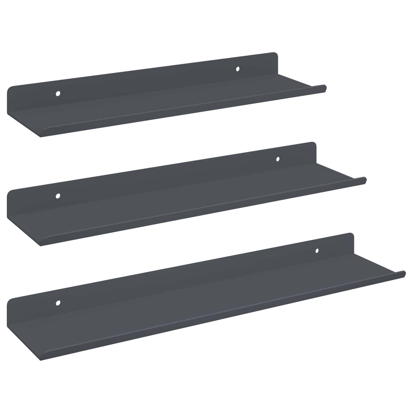 Drei schwarze schwebende Wandregale mit minimalistischem Design, jedes Regal mit zwei Befestigungslöchern zur Installation.