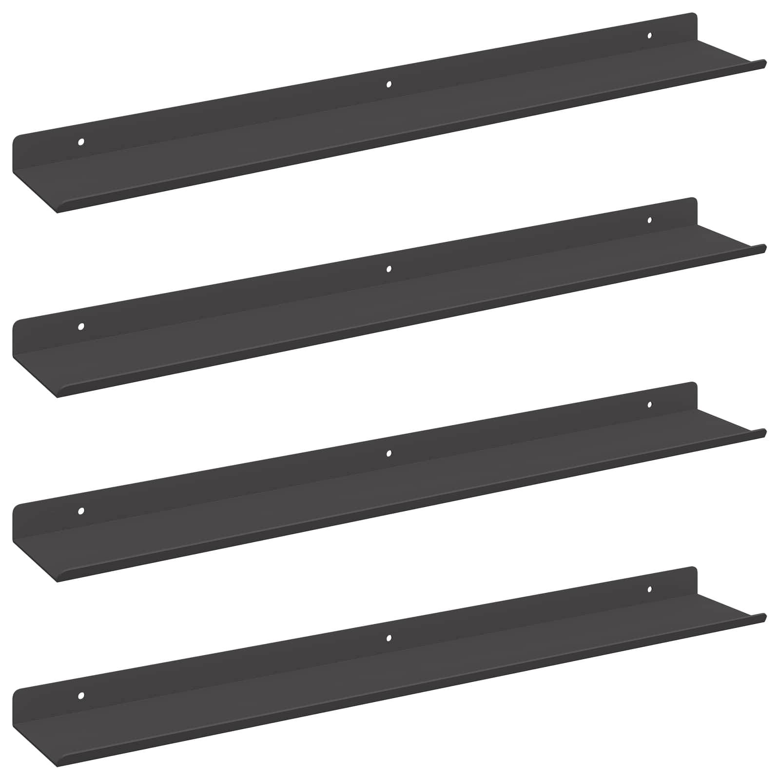 Vier schwarze Wandregale vertikal angeordnet. Jedes Regal ist identisch, minimalistisch gestaltet und weist ein einfaches Design mit einer leichten Kante auf.