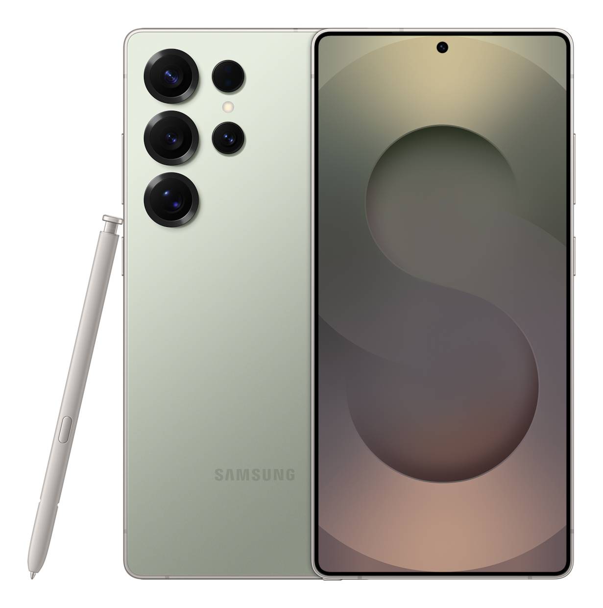 Front- und Rückansicht eines grünen Samsung-Smartphones mit Stift, das mehrere rückwärtige Kameras und ein zentriertes Lochbildschirm-Display zeigt.
