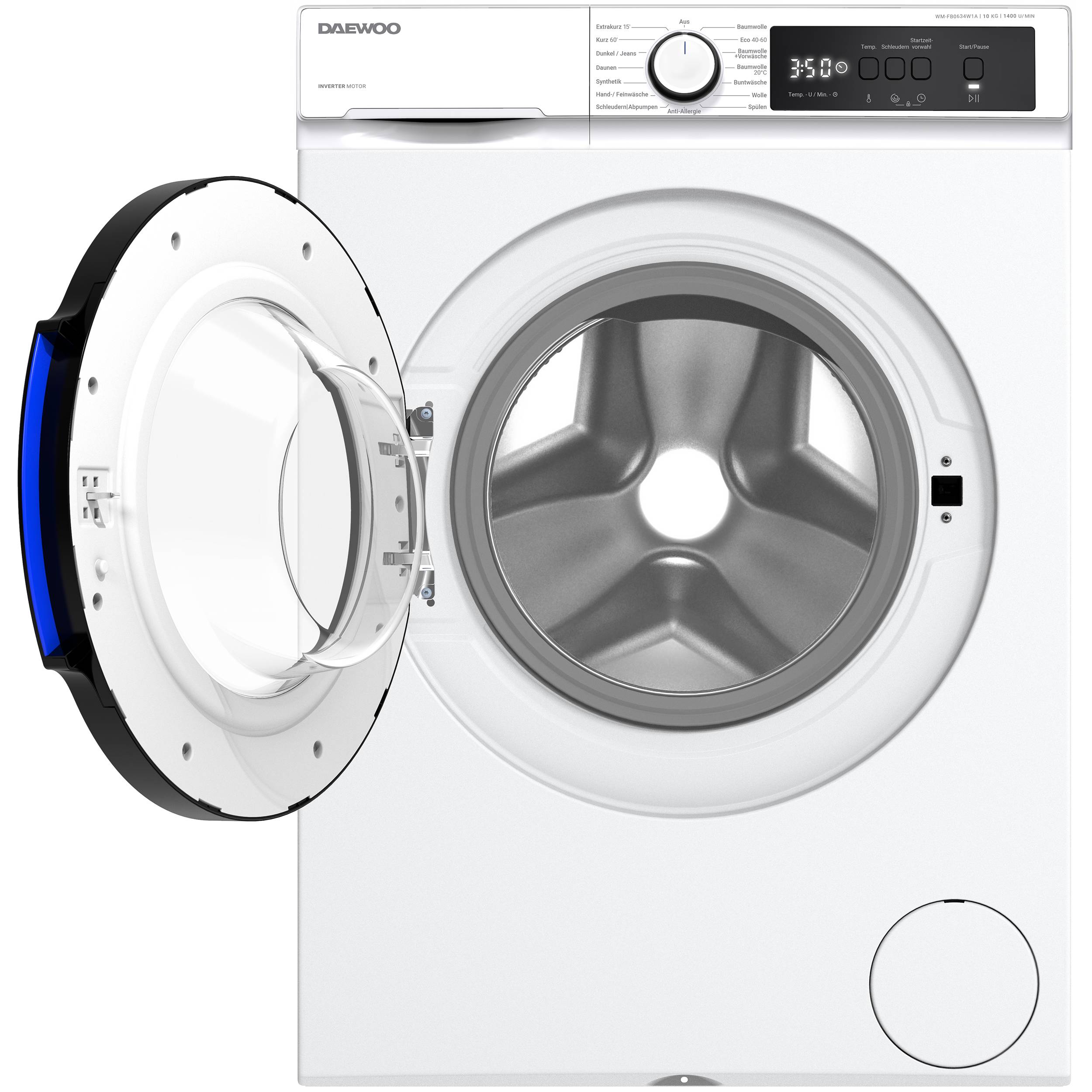 Eine Frontlader-Waschmaschine mit offener Tür, die die Trommel zeigt. Die Bedienblende zeigt verschiedene Einstellungen und einen digitalen Timer an.