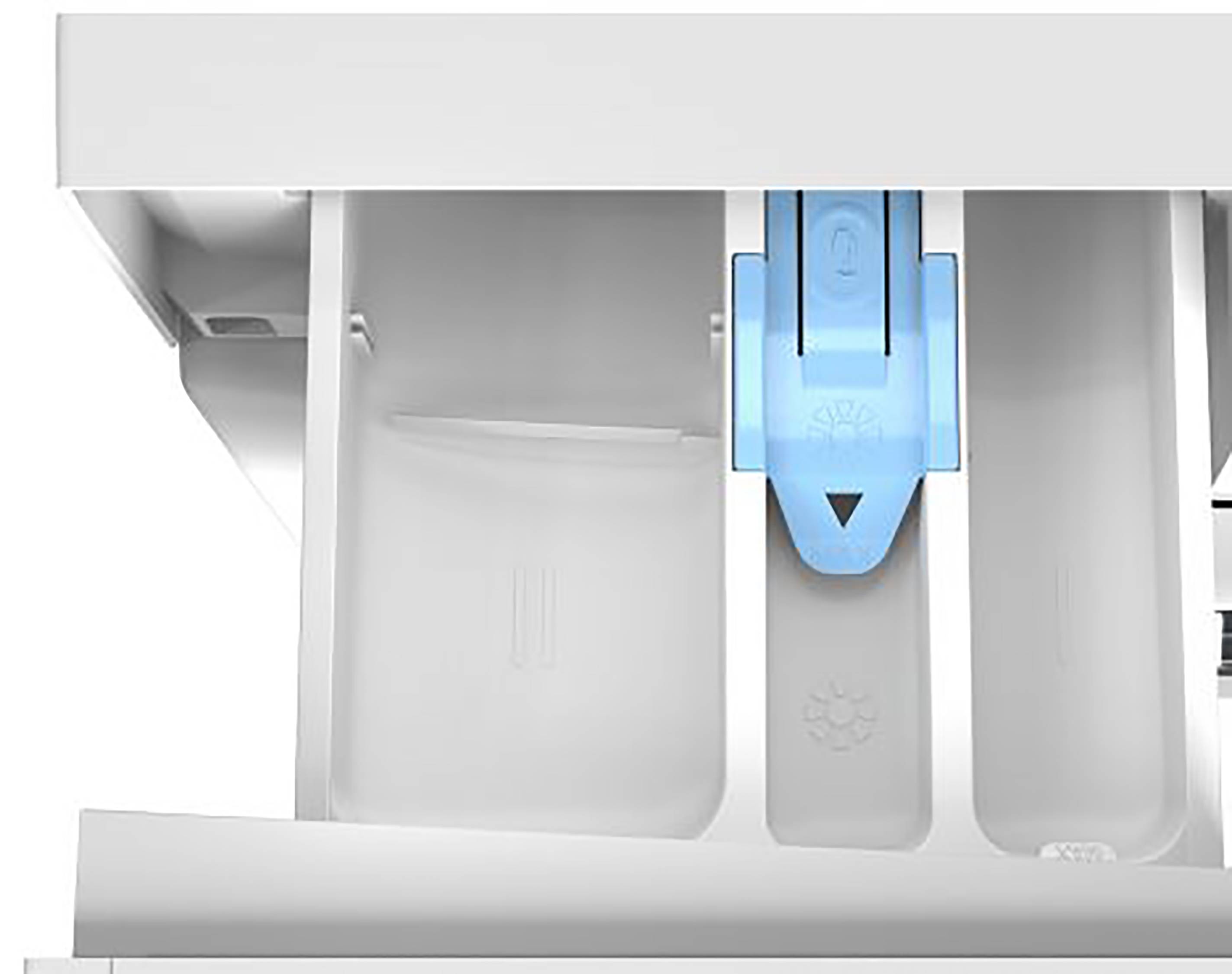 Nahaufnahme einer Waschmaschinenwaschmittelschublade mit Fächern für Vorwäsche, Hauptwäsche und Weichspüler.
