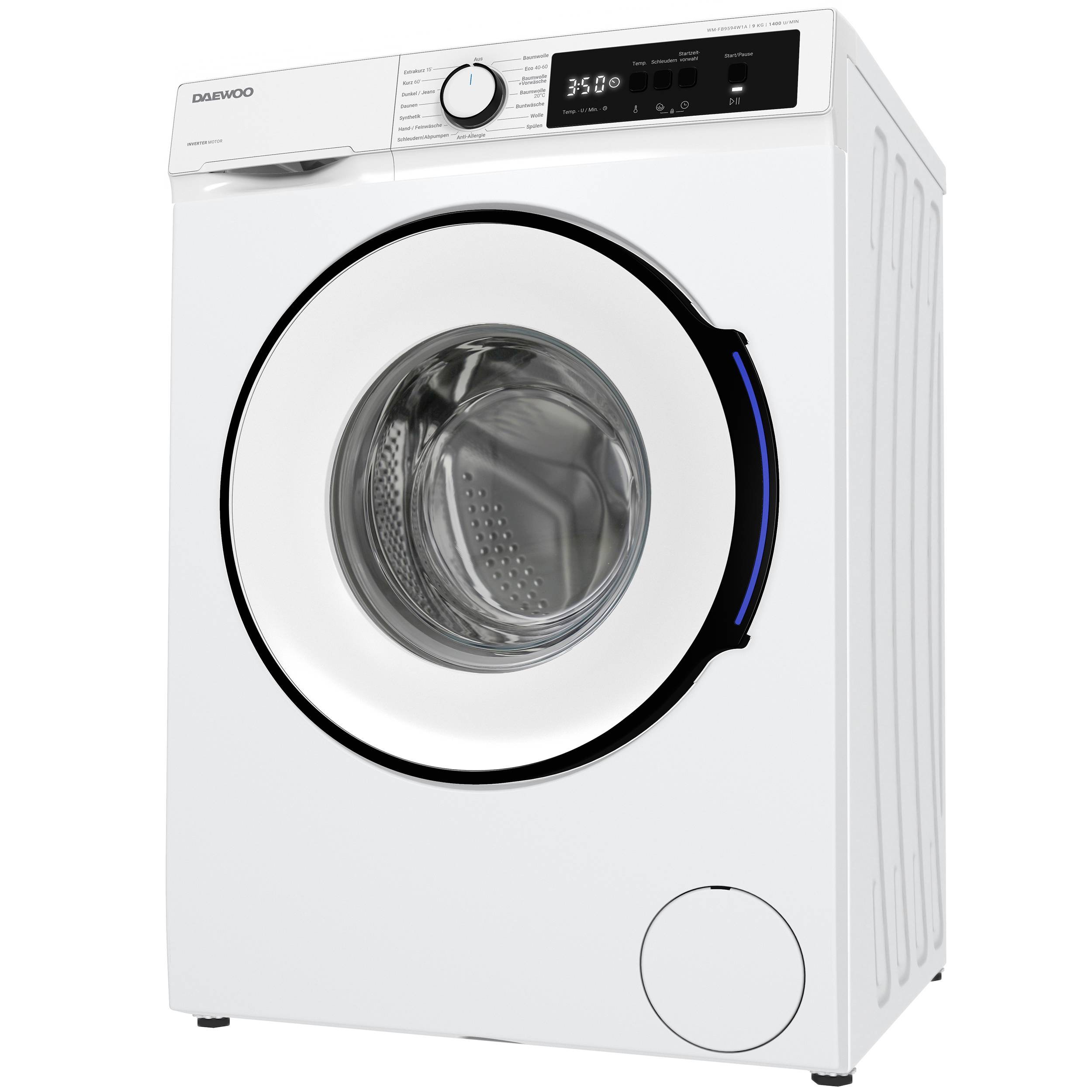 Frontlader-Waschmaschine mit digitaler Anzeige und einem 35-Minuten-Programm.