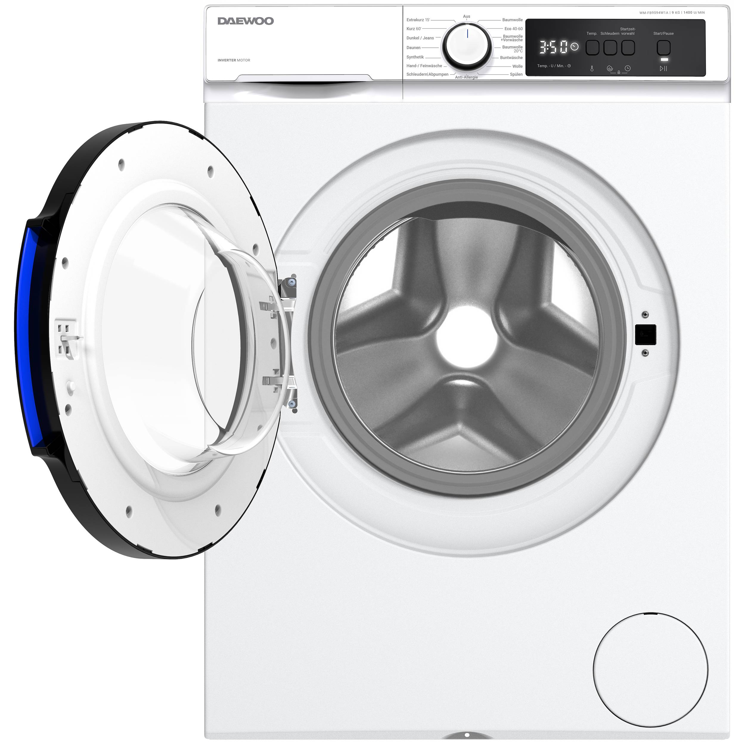 „Eine weiße Frontlader-Waschmaschine mit offener Tür, die die innere Trommel zeigt. Das Bedienfeld zeigt digitale Einstellungen an.