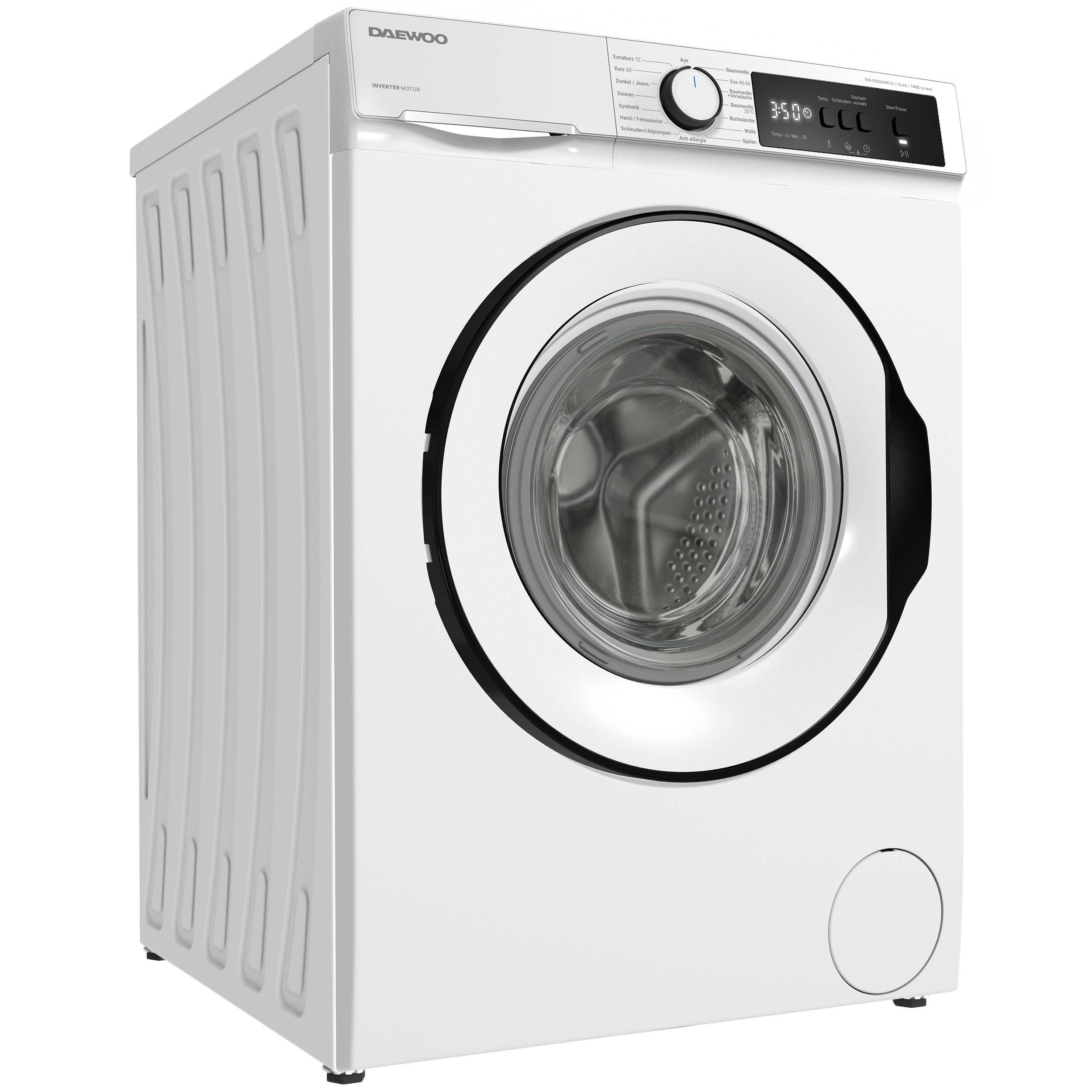 Eine weiße Frontlader-Waschmaschine mit digitaler Anzeige, die eine Temperatur von 35°C und Waschmöglichkeiten anzeigt. Das Markenlogo ist sichtbar.