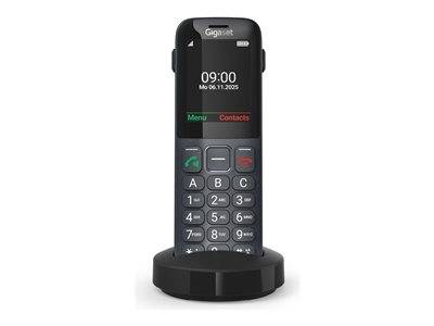 Ein schwarzes schnurloses Telefon mit großem digitalen Display zeigt '09:00' und 'Mo 06.11.2025' an. Es verfügt über Tasten für 'Menü' und 'Kontakte'.