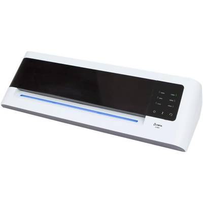 Ein weiß-schwarzer Laminiergerät mit schlankem Design und Touch-Tasten auf der rechten Seite.