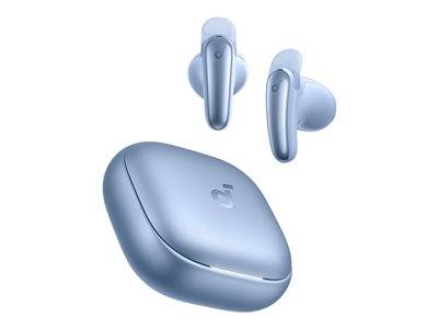 Hellblaue kabellose Kopfhörer und ein Ladeetui werden vor einem weißen Hintergrund gezeigt.