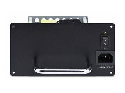 Schwarzes elektronisches Gerät mit metallischem Griff, einem Netzschalter mit der Beschriftung „EIN