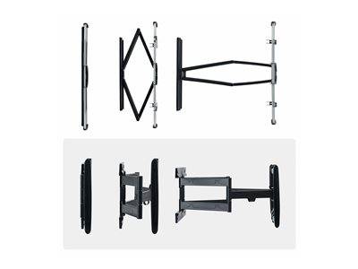 Wandmontagehalterung in mehreren Blickwinkeln dargestellt: Seite, Vorderseite und ausgefahrene Positionen. Geeignet für die verstellbare Displaymontage.