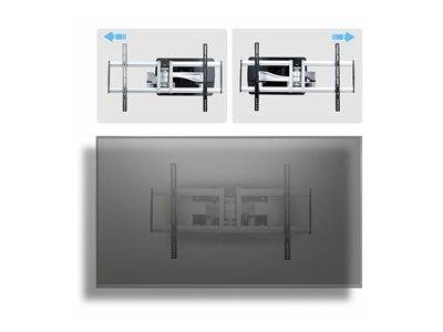 Diagramm mit zwei Phasen einer TV-Wandhalterung-Installation: Erstens das Ausrichten der Schiebebrackets der Halterung; zweitens die Befestigung an der Wand.