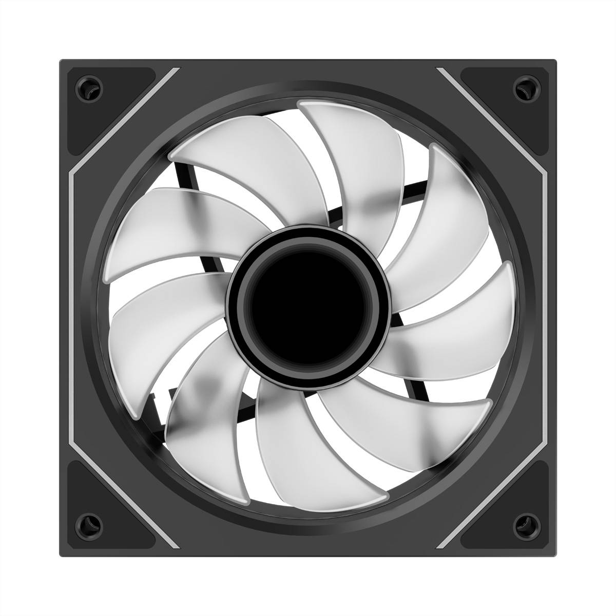 Frontansicht eines quadratischen Computer-Kühlventilators mit weißen Blättern und einer schwarzen Nabe auf einem dunklen Rahmen.