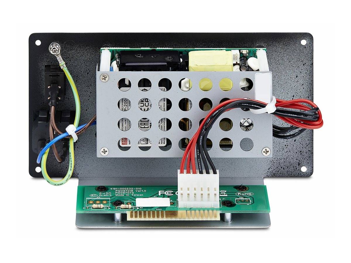 Rückseite eines elektronischen Netzteils in Metallgehäuse mit belüftetem Deckel, Verdrahtungssätzen und sichtbarem grünem Leiterplattenanschluss darunter.