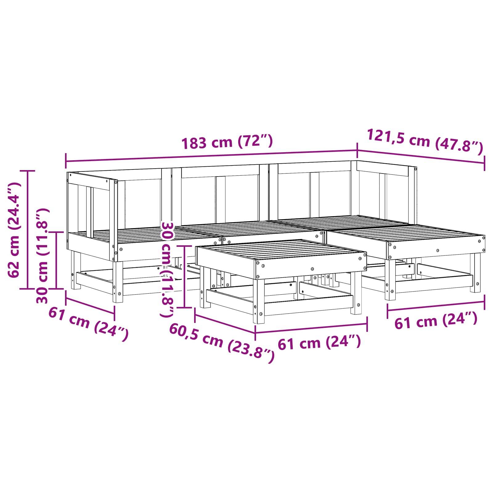Diagramm einer Eckbank mit Maßen: Höhe 62 cm, Sitzhöhe 30 cm, Breite 183 cm, Seitenbreite 121,5 cm, Tiefe 61 cm.