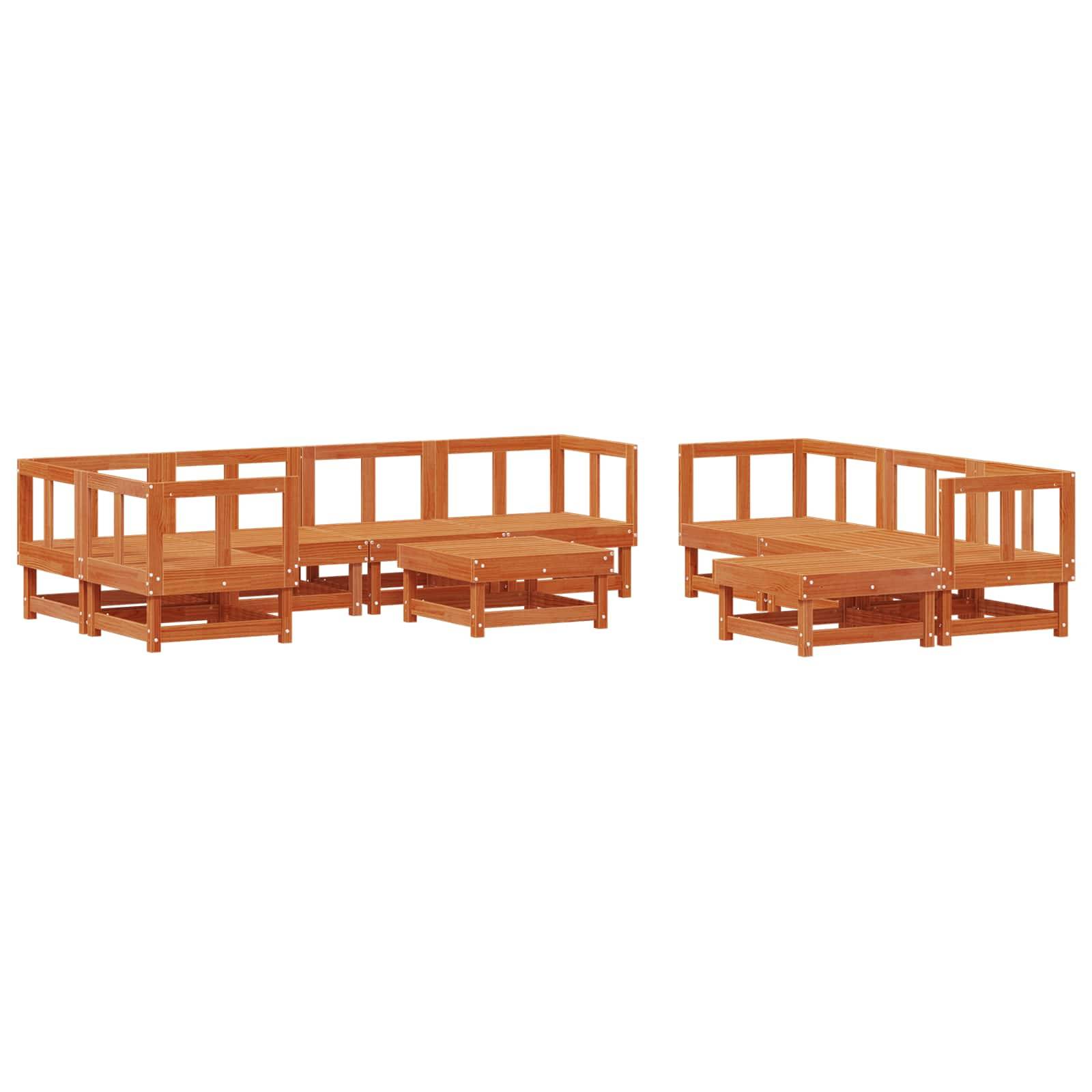 Modulares Holz-Außenmöbelset mit zwei L-förmigen Abschnitten und abnehmbaren Kissen. Geeignet für Terrassen oder Gärten.