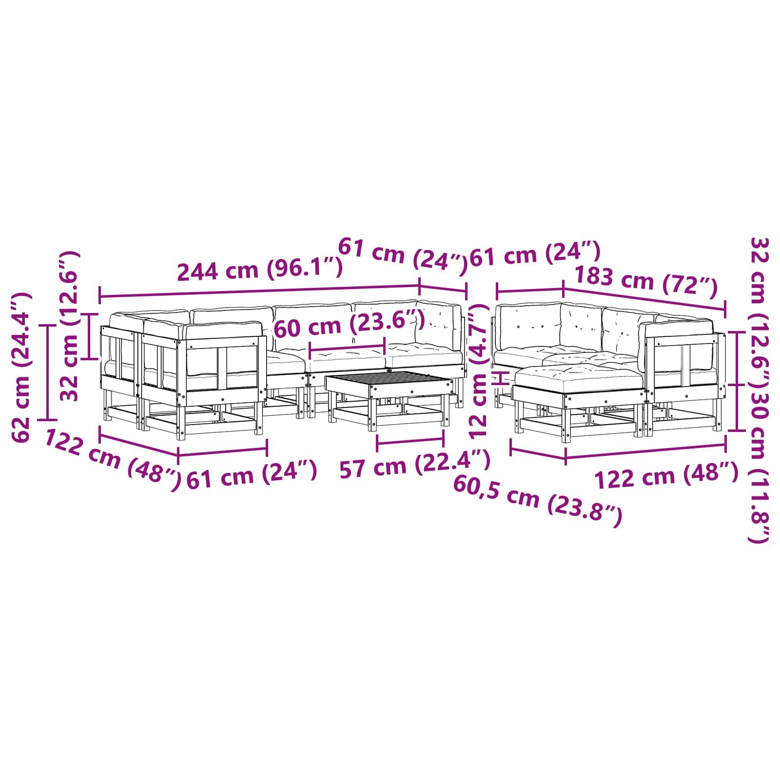 Abmessungen des Ecksofa: 244 cm x 183 cm; verschiedene Sitz- und Armlehnen-Höhen; die Sitzanordnung umfasst eine Ecke und zwei Seitensektionen.