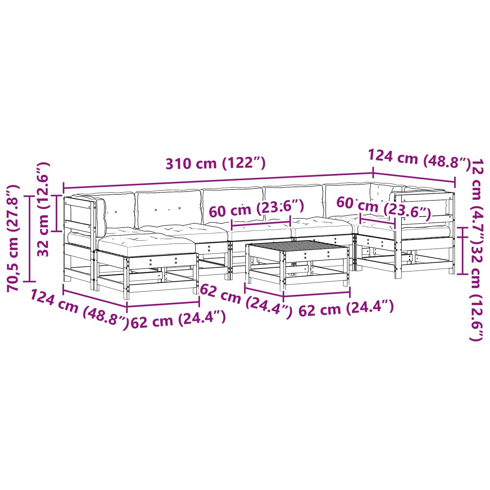Ein Diagramm, das die Abmessungen eines Terrassenmöbelsatzes zeigt, bestehend aus einem Sofa, Stühlen und einem Tisch, mit Maßangaben in Zentimetern und Zoll.