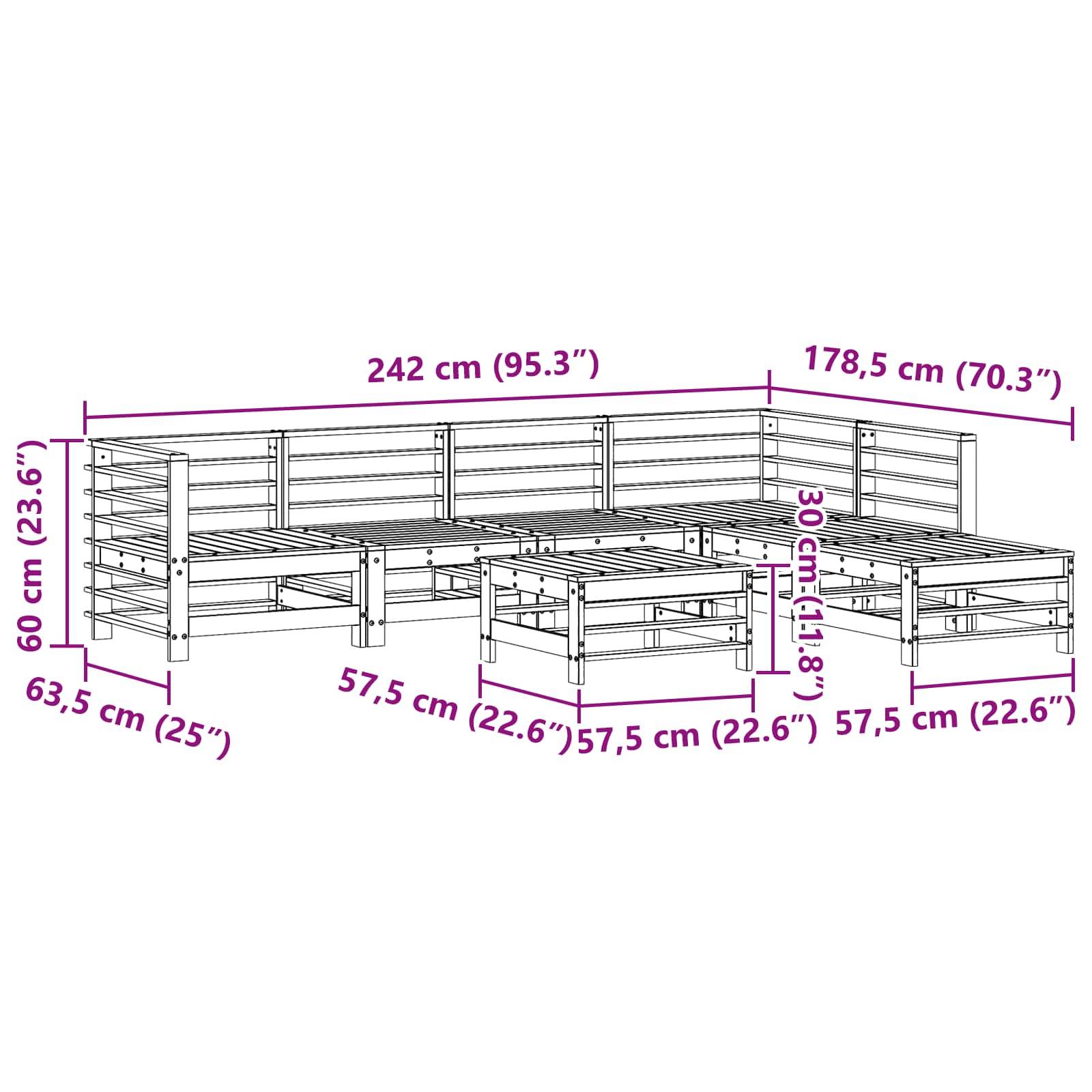 Abbildung eines modularen Holz-Gartensofas mit Abmessungen: 242 cm Länge, 178,5 cm Breite, 60 cm Höhe. Jedes Modul hat eine Tiefe von 57,5 cm.