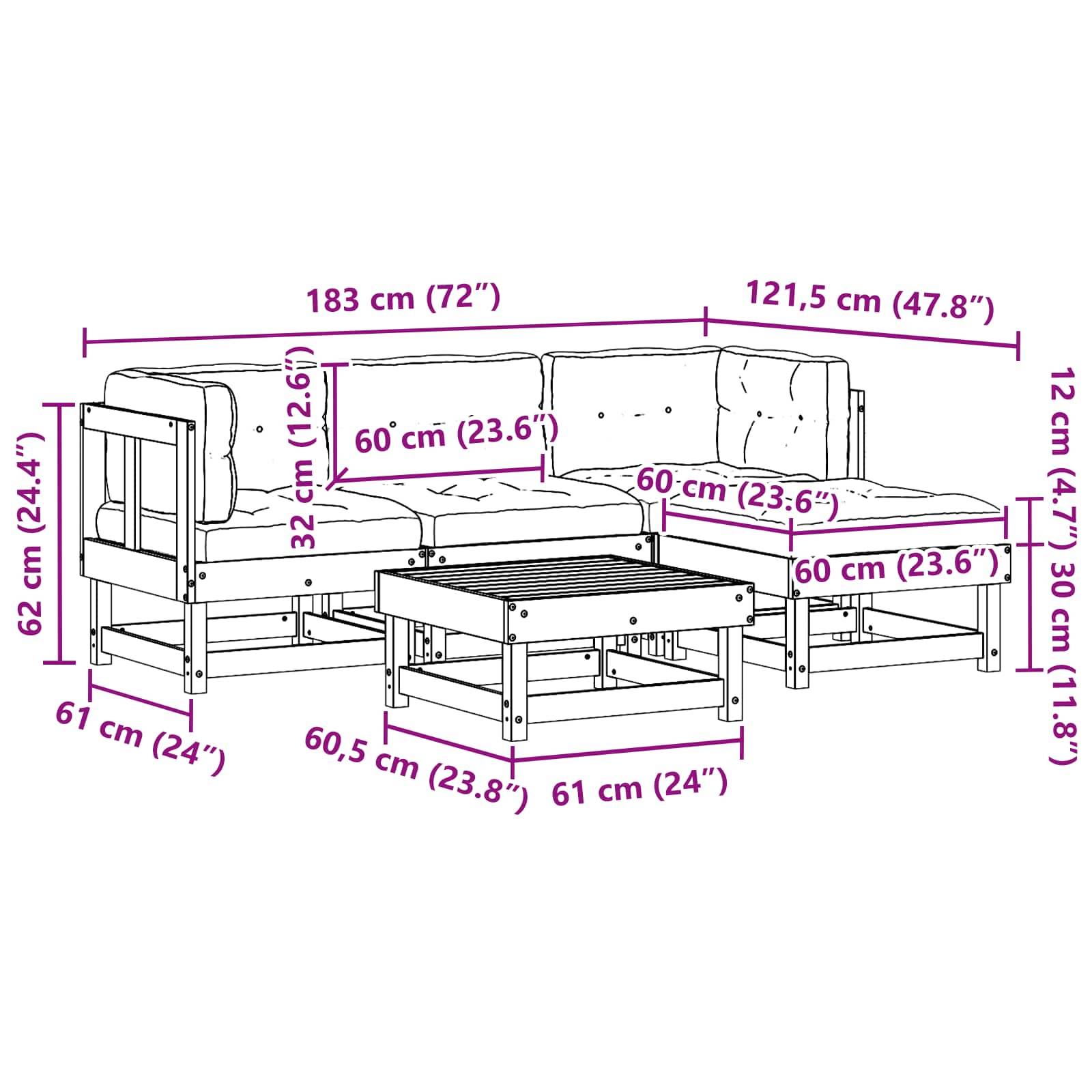 L-förmiges Sofa mit Kissen, Abmessungen: 183 cm (72