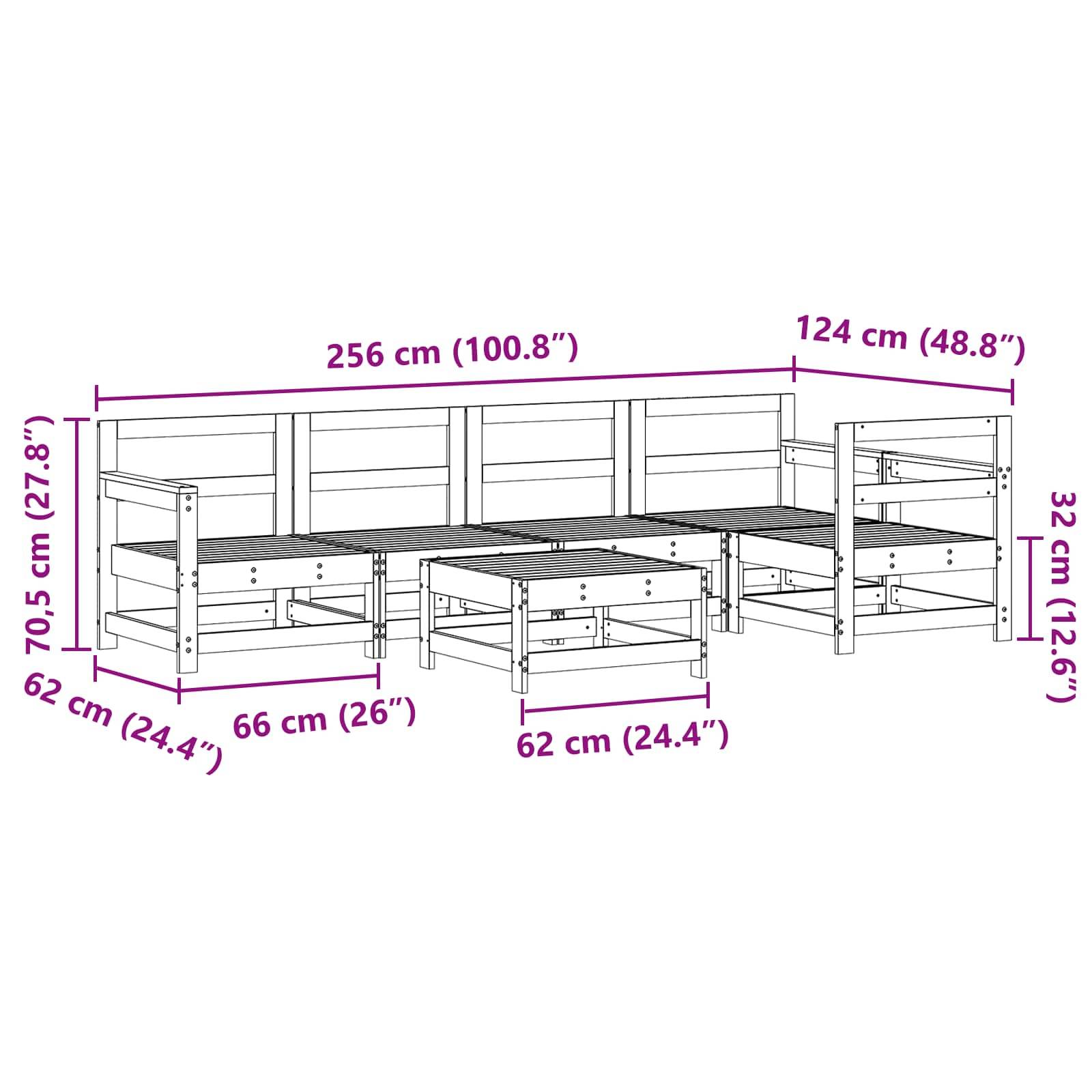 Abmessungen der Outdoor-Modulsofa: Länge 256 cm, Tiefe 124 cm, Sitzhöhe 32 cm, Rückenhöhe 70,5 cm. Mit Stauraum ausgestattet.