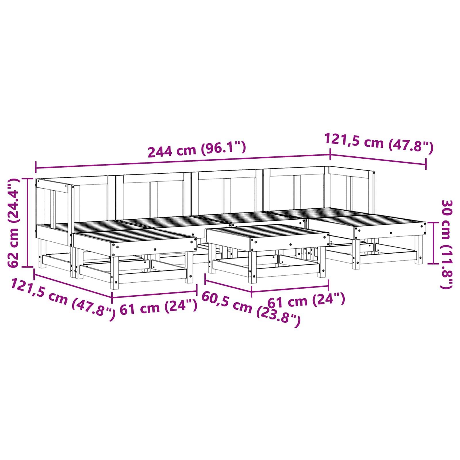 Diagramm der Terrassenmöbel-Abmessungen: Gesamtbreite 244 cm (96,1