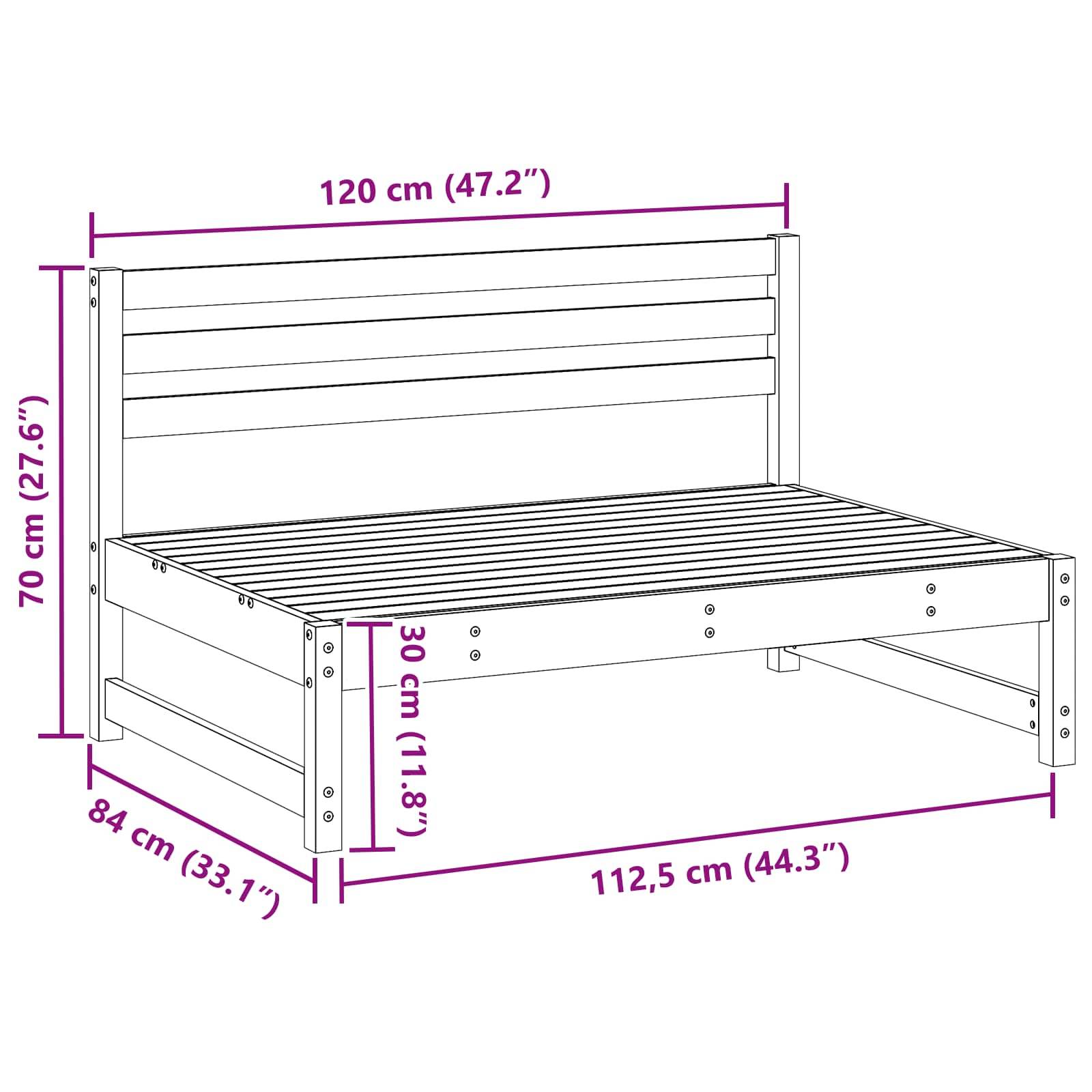 Illustration eines Bettgestells mit beschrifteten Maßen: Kopfteil 120 cm (47,2