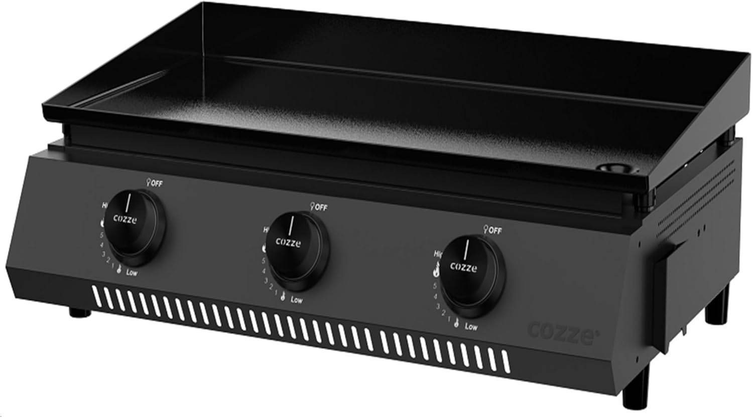 Eine Nahaufnahme eines schwarzen Kochfeldes mit drei runden Bedienknöpfen mit der Aufschrift „cozze