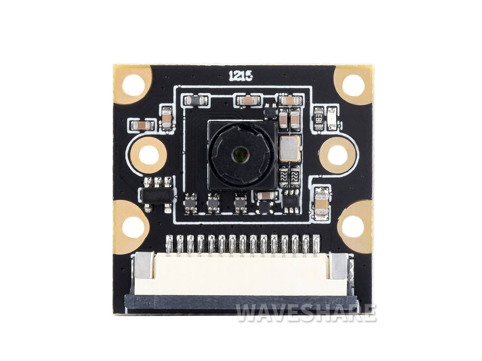 Quadratische elektronische Leiterplatte mit zentralem Kameraobjektiv und Steckverbinder. Mit 'WAVESHARE' gekennzeichnet, wird für die Bilderfassung in der Elektronik verwendet.