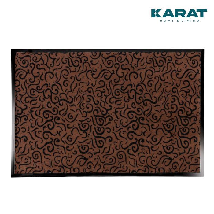 Brauner Teppich mit schwarzem Wirbelmuster; Markenname „Karat Home & Living