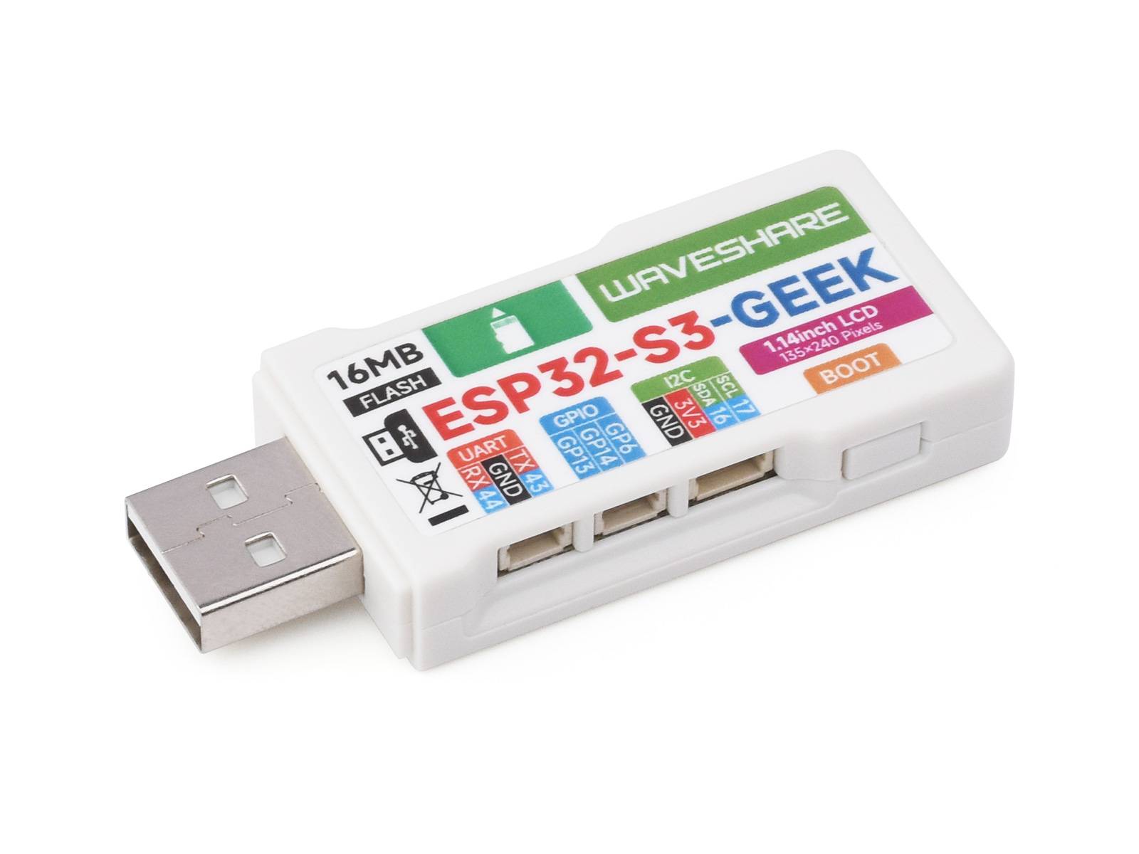 USB-Gerät mit der Bezeichnung ESP32-S3-GEEK von Waveshare; verfügt über 16 MB Flash-Speicher, ein 1,14-Zoll-LCD-Display, mit Tasten für UART, GPIO und BOOT.