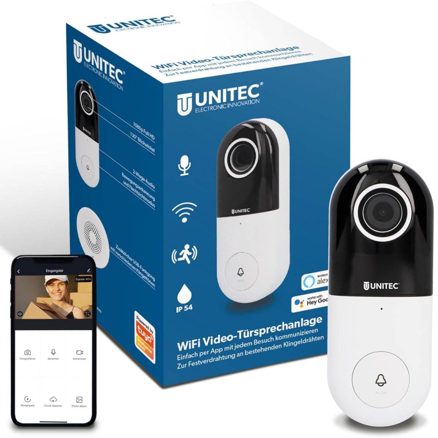 Schachtel und Gerät einer Unitec WiFi-Videotürklingel. Die Schachtel zeigt eine Person auf einem Smartphone-Bildschirm, was auf Videokommunikationsfähigkeit hindeutet.