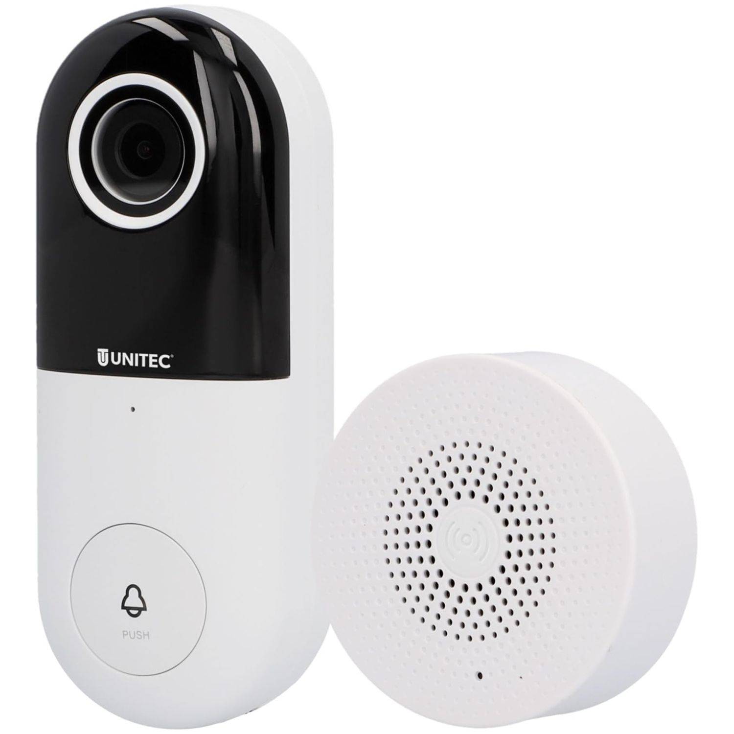 Eine schwarzweiße Videotürklingel mit Kamera und Lautsprecher, begleitet von einem kreisförmigen Chime-Gerät.