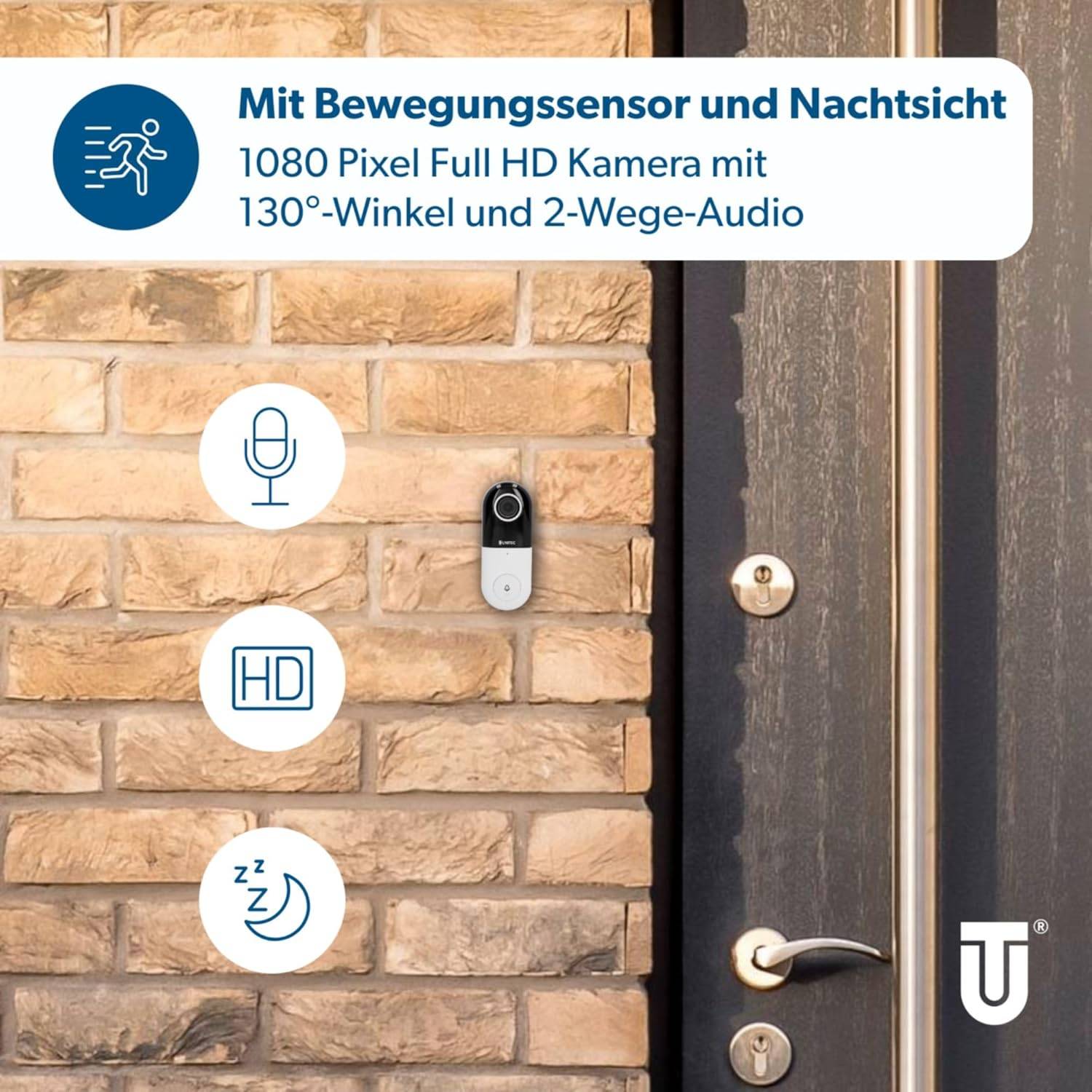 „Intelligente Video-Türklingel an Backsteinwand mit Kamera, Bewegungsmelder, Nachtsicht, 1080p HD-Video, 130-Grad-Sichtwinkel und Zwei-Wege-Audiofunktionen.