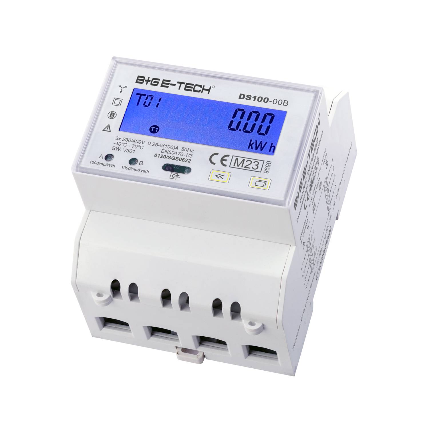 DS100-00B Energiemessgerät, digitales Display zeigt 0,00 kWh an. CE-zertifiziert, für DIN-Hutschienenmontage ausgelegt, weißes Gehäuse, beschriftete Eingänge.