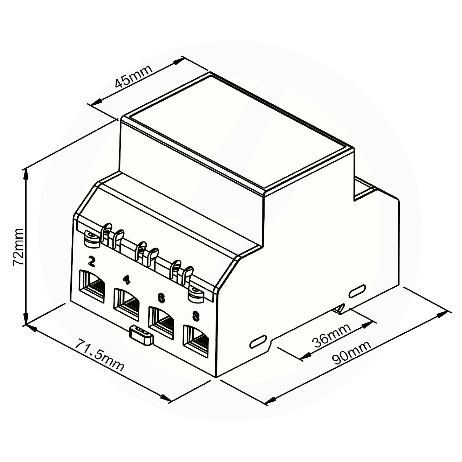 Technisches Diagramm einer elektronischen Komponente mit Abmessungen: 45 mm x 72 mm x 90 mm. Zeigt vier Anschlüsse mit den Nummern 1 bis 4.
