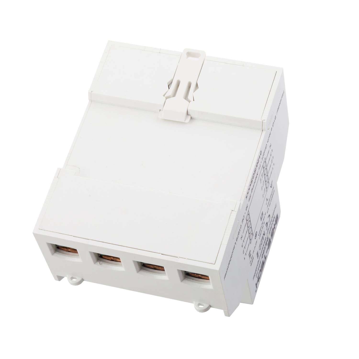 Eine weiße elektrische Komponente mit mehreren rechteckigen Schlitzen, wahrscheinlich für Schaltkreisverbindungen oder als Stromverteilungsgerät verwendet.