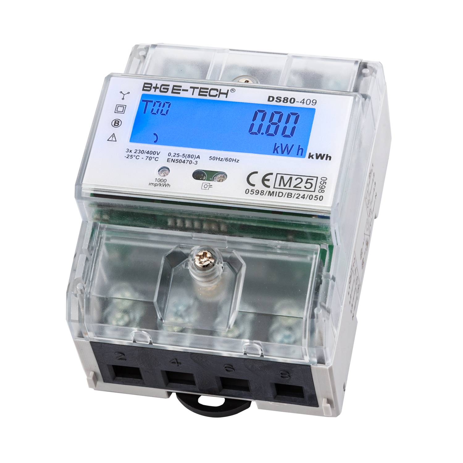 Ein digitales Energiemessgerät mit transparentem Gehäuse zeigt Messwerte in Kilowattstunden an. Es displays 