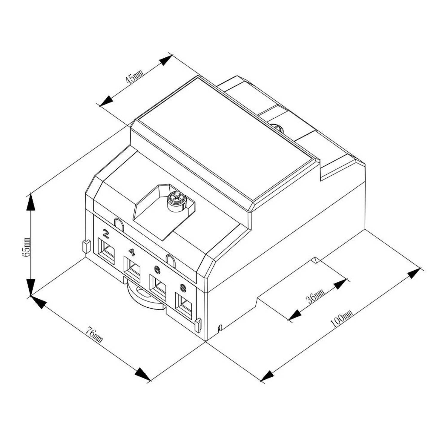 Ein schwarzweißes technisches Diagramm eines elektronischen Geräts mit beschrifteten Abmessungen. Höhe: 65mm, Breite: 70mm, Tiefe: 100mm.
