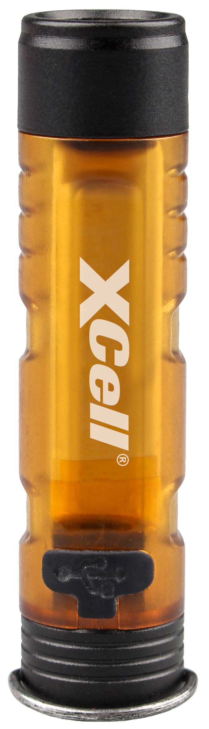 Ein goldfarbenes zylindrisches Objekt mit dem vertikal aufgedruckten Text „XCell