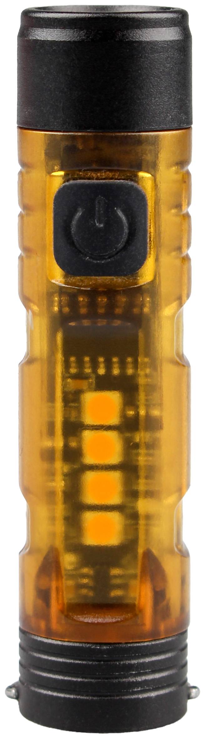 Eine Nahaufnahme eines elektronischen Bauteils mit einem transparenten bernsteinfarbenen Gehäuse, das interne Schaltkreise und zwei prominente orange Elemente zeigt.