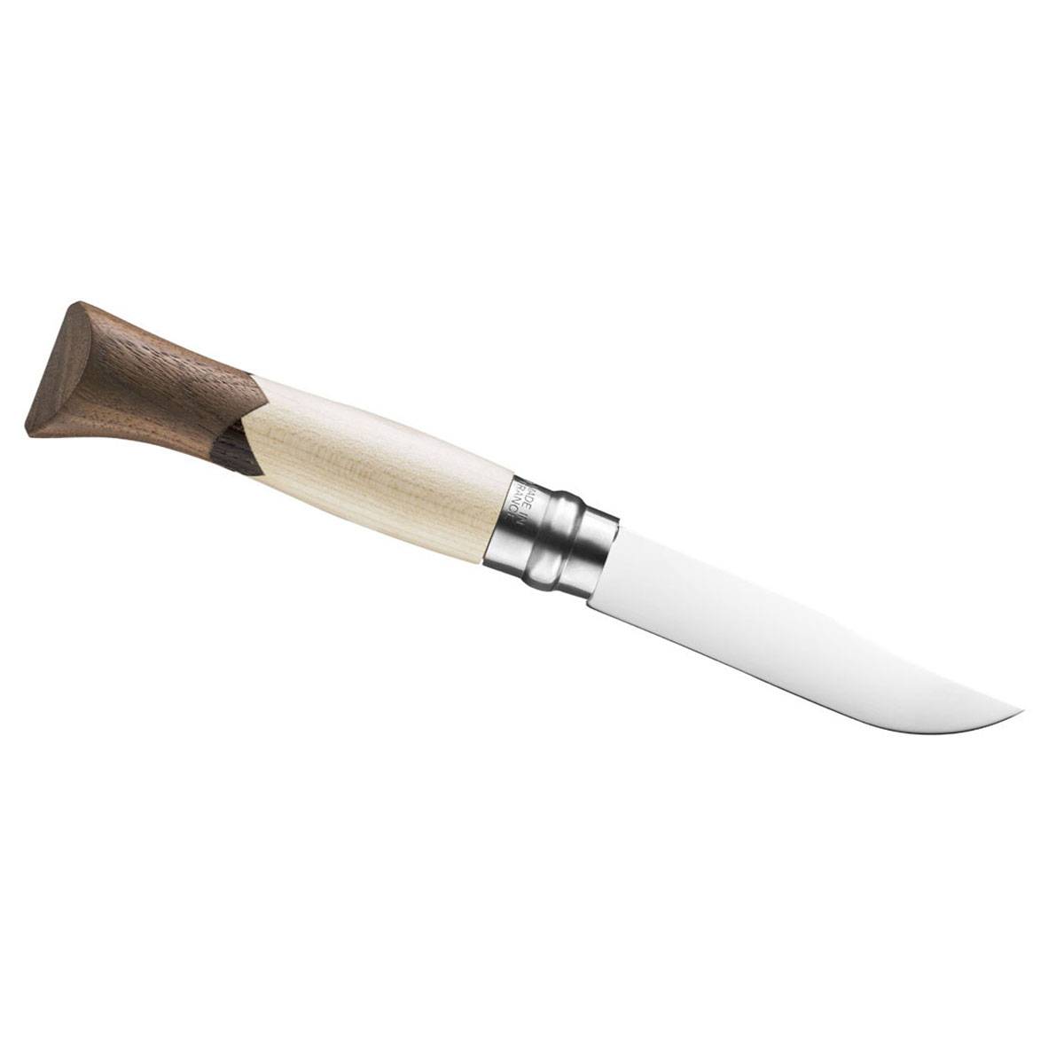 Ein Klappmesser mit leicht gefärbtem Holzgriff und Edelstahlklinge ist teilweise geöffnet und zeigt die Klinge, die am Griff anliegt.