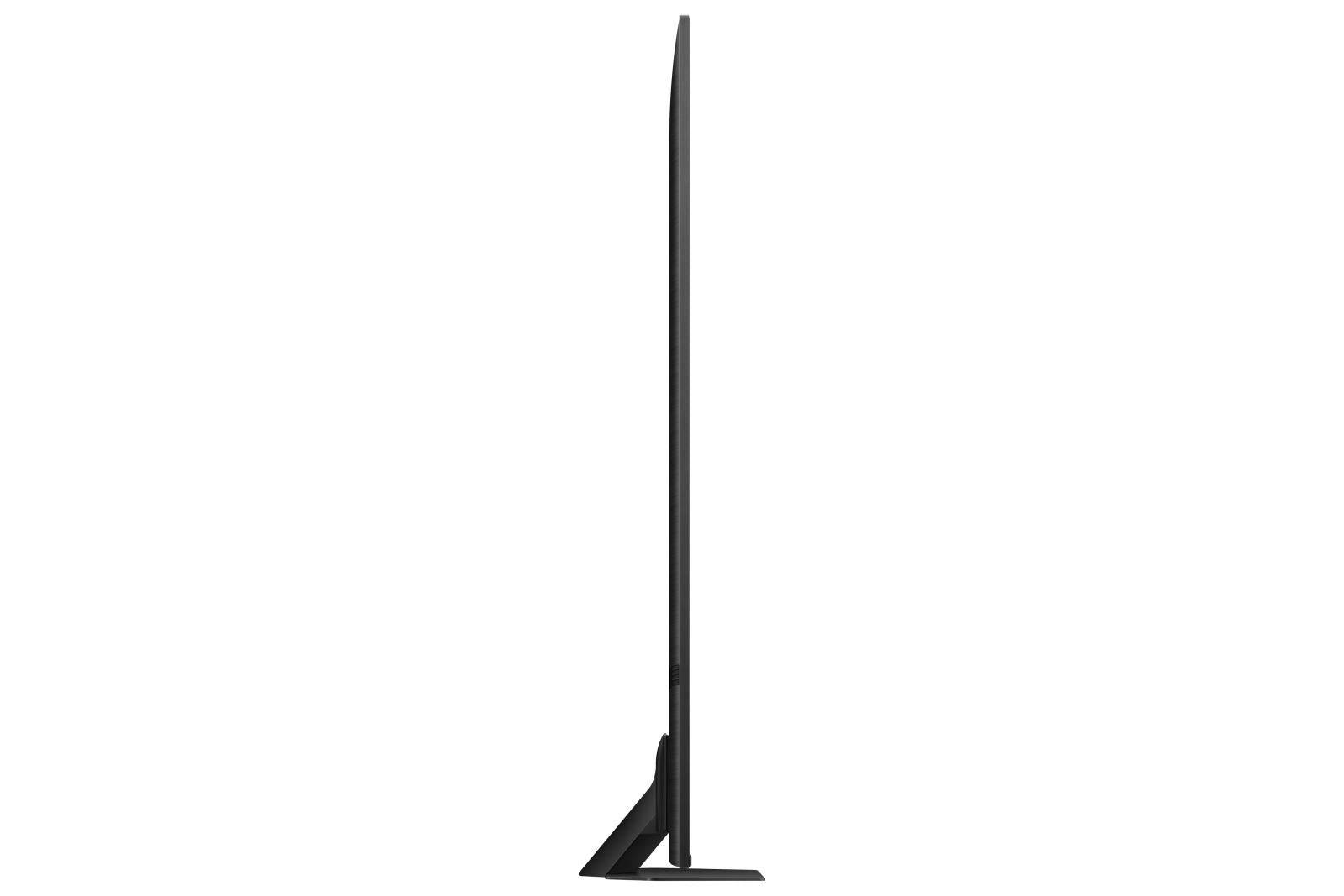 Seitenansicht eines schlanken, modernen Fernsehers auf einem Ständer, der sein dünnes Design hervorhebt.