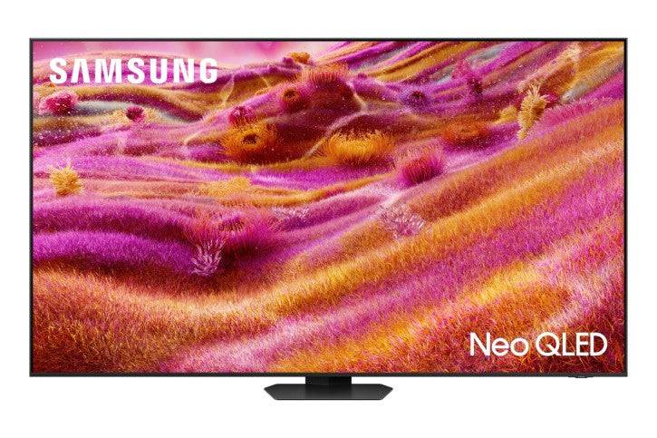 Ein lebendiger Fernsehbildschirm, der farbenfrohe abstrakte Kunst in Tönen von Rosa, Orange und Violett zeigt, mit dem Text „Samsung