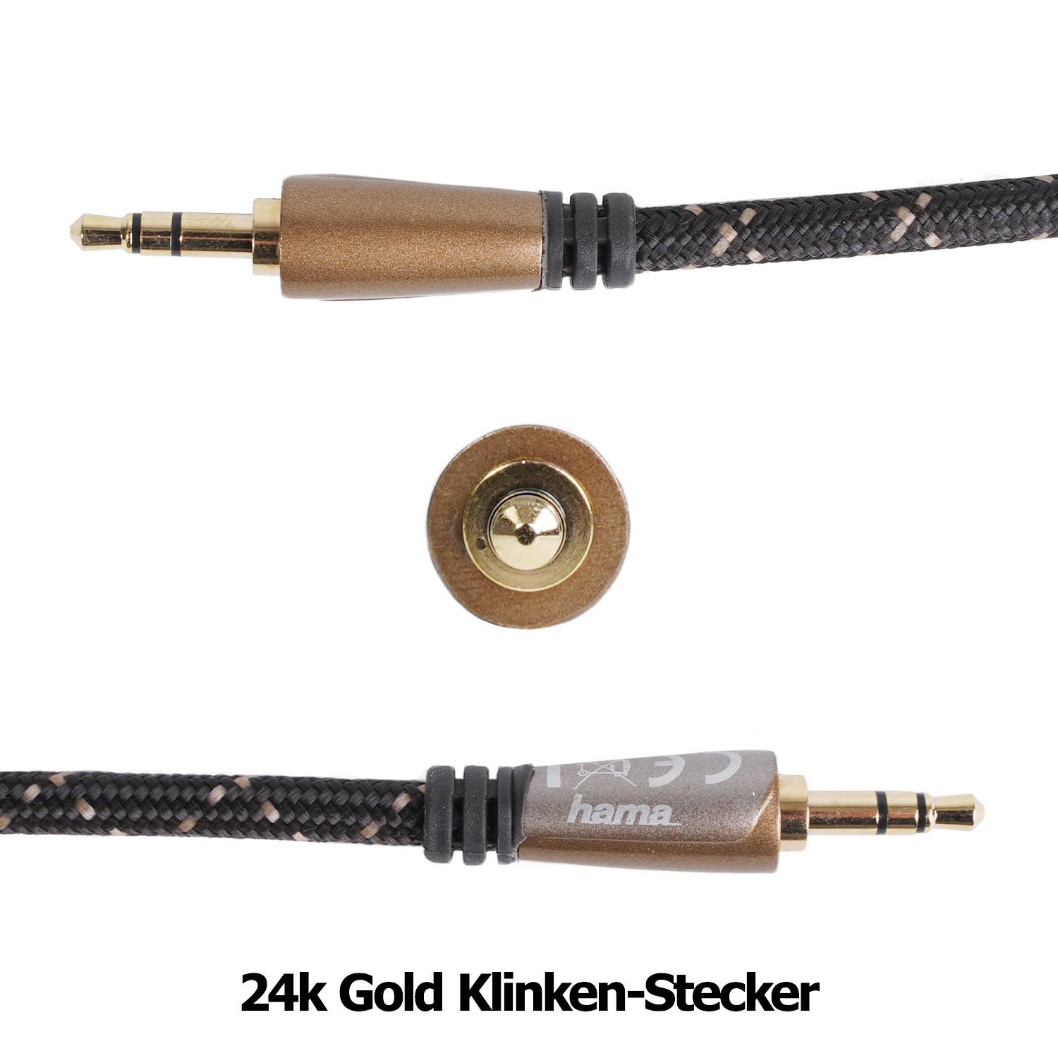 ‚Vergoldetes 3,5-mm-Audioklinken-Kabel mit geflochtenem Kabel, Marke Hama. Stecker von Seiten- und Frontansicht gezeigt. Beschriftet: 24k Gold Klinken-Stecker.
