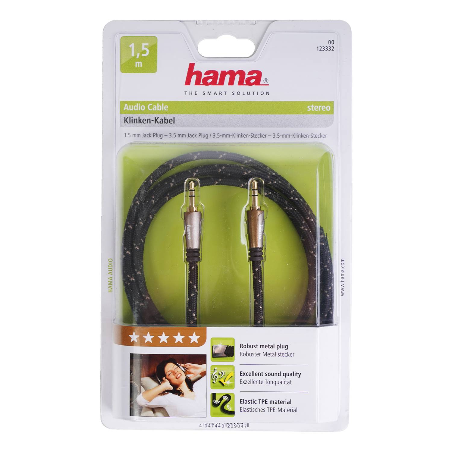 „Audiokabelpaket mit einem 1,5m Stereokabel mit 3,5mm Klinkensteckern. Eigenschaften: robuster Metallstecker, ausgezeichnete Soundqualität.
