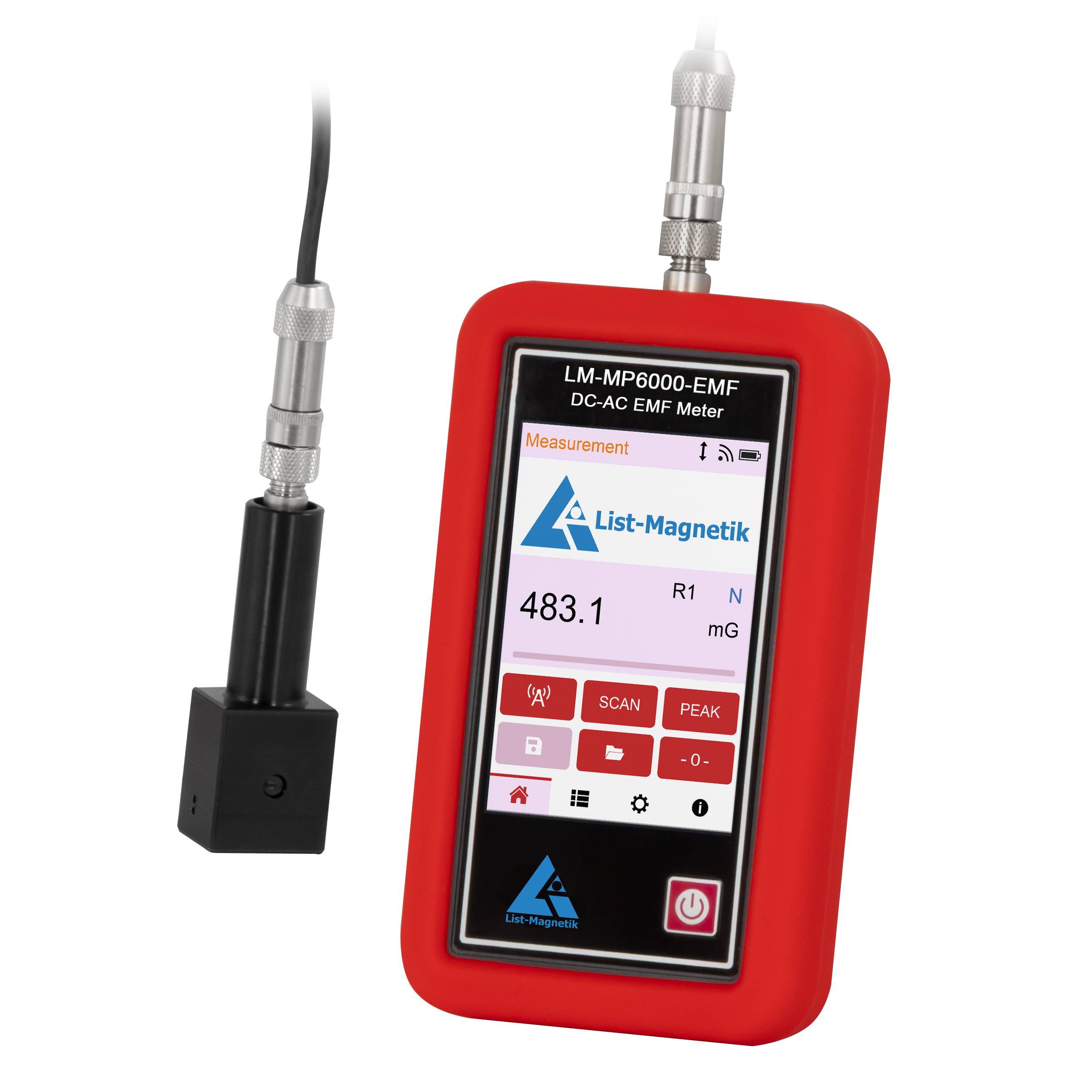 Ein rotes Elektromagnetfeld (EMF)-Messgerät mit Display, das „483,1 mG
