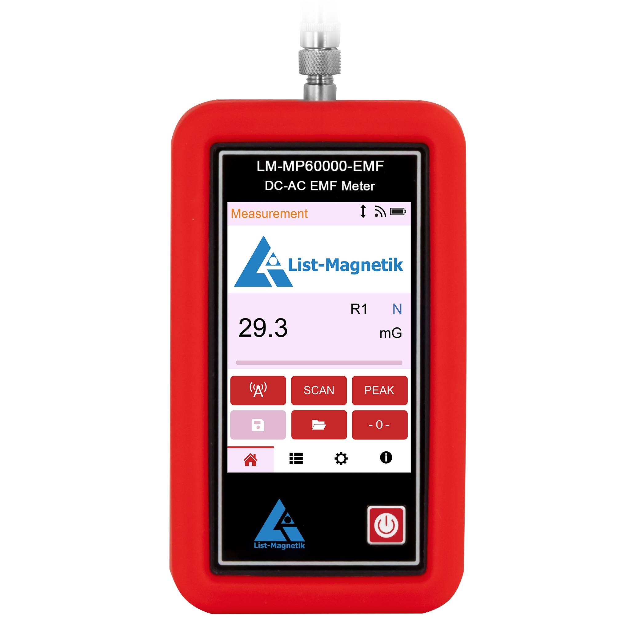 Ein rotes tragbares Gerät zeigt Messwerte des elektromagnetischen Feldes an. Der Bildschirm zeigt eine Messung von „29,3 mG