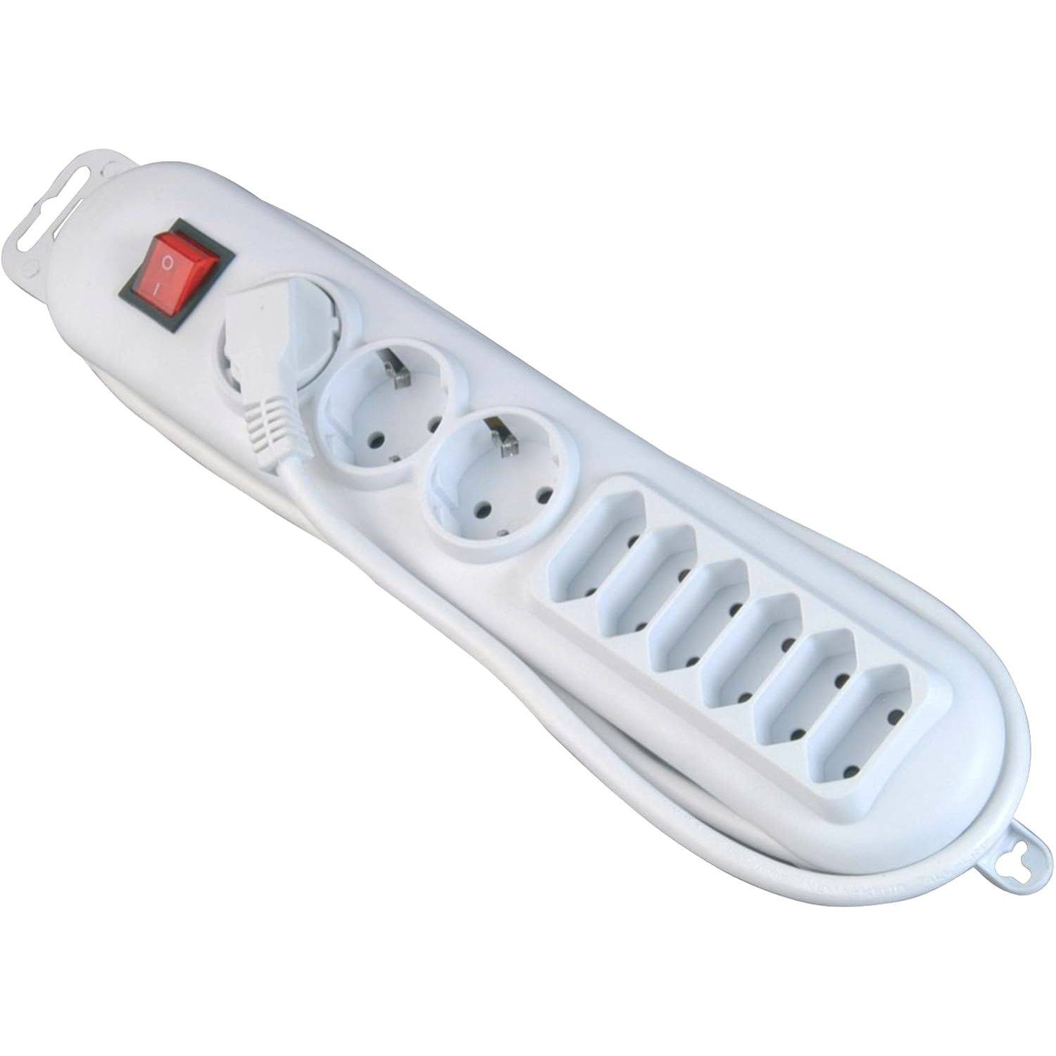 „Eine weiße Steckerleiste mit vier runden Steckdosen und einem Ein-/Ausschalter, mit einem angestecktem Stromkabel.